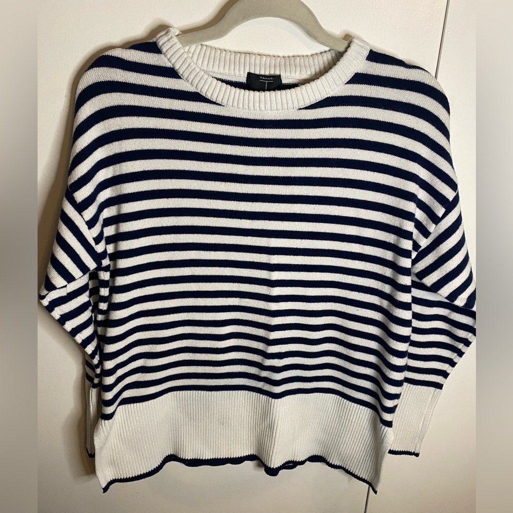 Women’s Tahari Striped Jersey Pullover Sweater, Navy Blue/White, XL